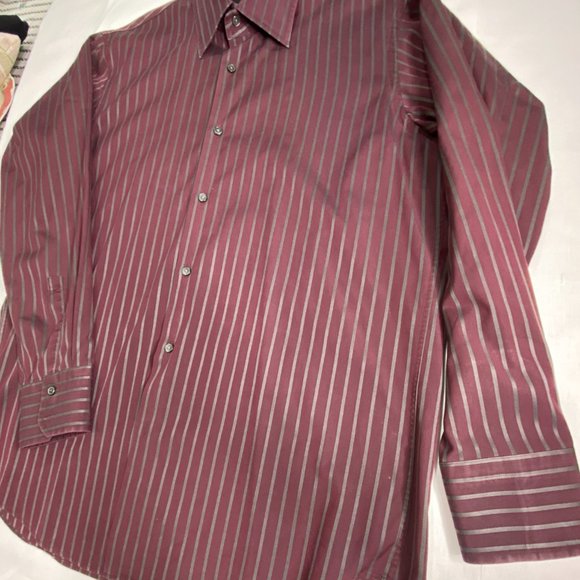 HUGO BOSS Men's Burgandy /Gray Stripe Long Sleeve Button Shirt 16 32/33 - Picture 3 of 10